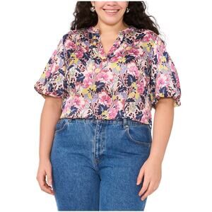 Vince Camuto Women Violet Blush Floral Satin Raglan-Sleeve Blouse Plus Size 2X